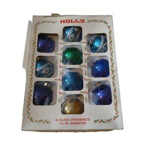 Holly Glass 1 3/4" Stencil Glittered And Solid Christmas Ornaments USA VTG CB2